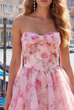 A-linje rosa sweetheart blommig chiffon homecoming-klänning med snöre baktill
