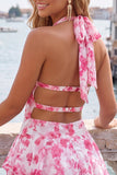 A-Line Chiffon Blå blommig halterneck-halshals kort hemkomstklänning