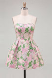 Sweetheart Pink Flower A-linje Jacquard Pearls hemkomstklänning med rosett