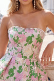 Sweetheart Pink Flower A-linje Jacquard Pearls hemkomstklänning med rosett