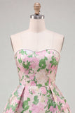 Sweetheart Pink Flower A-linje Jacquard Pearls hemkomstklänning med rosett