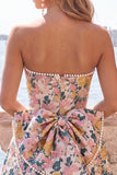 Sweetheart Pink Flower A-linje Jacquard Pearls hemkomstklänning med rosett