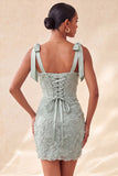 Dusty Sage Bodycon korsett med blommiga rosetter, hemkomstklänning med snöre på ryggen