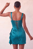 Bodycon baskisk midjekorsett Lake Blue rynkad hemkomstklänning med volanger