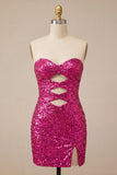 Sweetheart Fuchsia Keyhole Bodycon glittrig paljettklänning med hemkomstklänning med slits