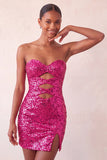Sweetheart Fuchsia Keyhole Bodycon glittrig paljettklänning med hemkomstklänning med slits