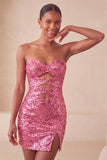 Sweetheart Fuchsia Keyhole Bodycon glittrig paljettklänning med hemkomstklänning med slits