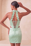Halter korsett Bodycon Mintgrön rynkad kort hemkomstklänning med slits
