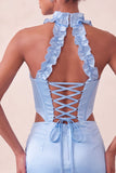 Halter korsett Bodycon Mintgrön rynkad kort hemkomstklänning med slits