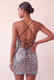 Glittrande silverfärgad bodycon snörning baktill kort hemkomstklänning med paljetter