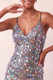 Glittrande silverfärgad bodycon snörning baktill kort hemkomstklänning med paljetter