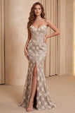 Champagne Mermaid Sequins Blommiga Spaghettiband, lång formell klänning med slits