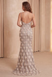 Champagne Mermaid Sequins Blommiga Spaghettiband, lång formell klänning med slits