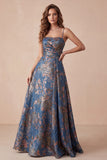 A-Line Navy Jacquard Floral Spaghetti-band med rynkade långa formella klänningar