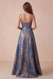 A-Line Navy Jacquard Floral Spaghetti-band med rynkade långa formella klänningar