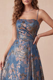 A-Line Navy Jacquard Floral Spaghetti-band med rynkade långa formella klänningar