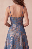 A-Line Navy Jacquard Floral Spaghetti-band med rynkade långa formella klänningar