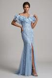 Axelbundna ljusblå sjöjungfru med volang Paljetter lång brudmorsklänning med slits