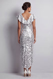 Sjöjungfru Silver V-hals Asymmetriska Paljetter Midi Mother Of the Bride Klänning med volanger