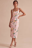Bodycon rosa fyrkantig midi-blommig klänning med slits