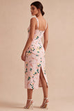 Bodycon rosa fyrkantig midi-blommig klänning med slits