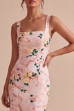 Bodycon rosa fyrkantig midi-blommig klänning med slits
