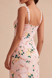 Bodycon rosa fyrkantig midi-blommig klänning med slits