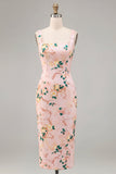 Bodycon rosa fyrkantig midi-blommig klänning med slits