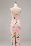 Bodycon rosa fyrkantig midi-blommig klänning med slits