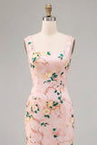 Bodycon rosa fyrkantig midi-blommig klänning med slits