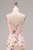 Bodycon rosa fyrkantig midi-blommig klänning med slits