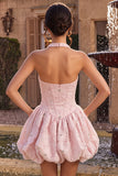 Halterneck-rosa A-linje blomkorsett Jacquard-pärlprydd hemkomstklänning