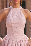 Halterneck-rosa A-linje blomkorsett Jacquard-pärlprydd hemkomstklänning