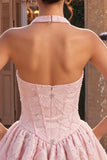 Halterneck-rosa A-linje blomkorsett Jacquard-pärlprydd hemkomstklänning