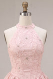 Halterneck-rosa A-linje blomkorsett Jacquard-pärlprydd hemkomstklänning