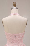 Halterneck-rosa A-linje blomkorsett Jacquard-pärlprydd hemkomstklänning