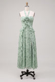 A-linje salviahalterneck, vrågad chiffon blommig midiklänning med slits