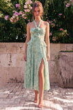 A-linje salviahalterneck, vrågad chiffon blommig midiklänning med slits