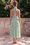 A-linje salviahalterneck, vrågad chiffon blommig midiklänning med slits