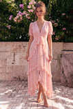 Rosa chiffon A-linje V-ringad asymmetrisk blommig midiklänning med volang och puffärmar