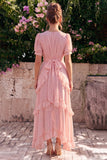 Rosa chiffon A-linje V-ringad asymmetrisk blommig midiklänning med volang och puffärmar
