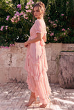 Rosa chiffon A-linje V-ringad asymmetrisk blommig midiklänning med volang och puffärmar