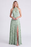 Sage A-linje halterneck-blomsterchiffon lång brudtärneklänning med slits