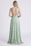 Sage A-linje halterneck-blomsterchiffon lång brudtärneklänning med slits