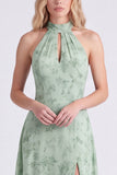 Sage A-linje halterneck-blomsterchiffon lång brudtärneklänning med slits