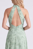 Sage A-linje halterneck-blomsterchiffon lång brudtärneklänning med slits