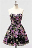 Lila A-linje Sweetheart Floral Sequins Homecoming-klänning med snöre på ryggen