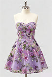 Lila A-linje Sweetheart Floral Sequins Homecoming-klänning med snöre på ryggen