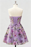 Lila A-linje Sweetheart Floral Sequins Homecoming-klänning med snöre på ryggen