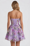 Lila A-linje Sweetheart Floral Sequins Homecoming-klänning med snöre på ryggen
